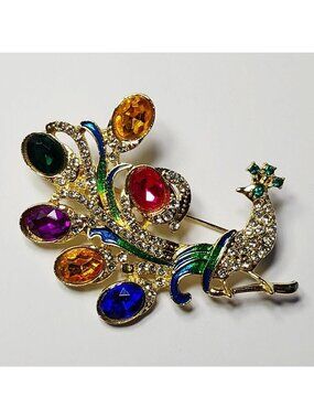 Vintage Style Peacock Brooch With Rhinestones
